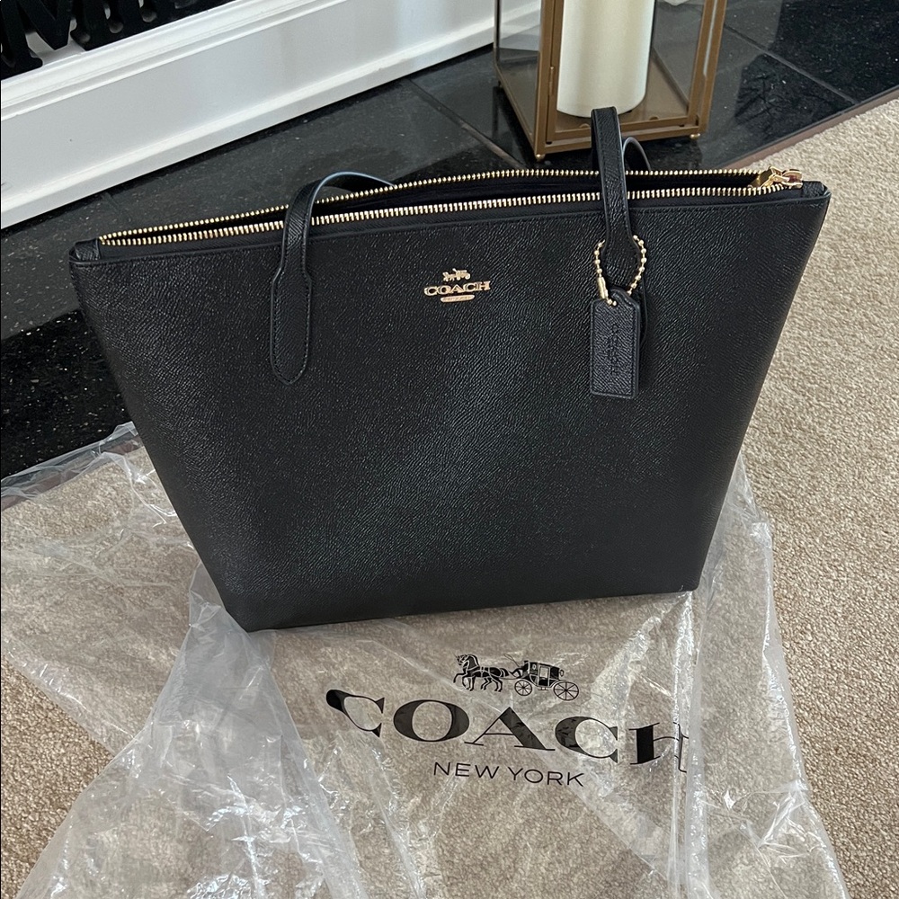 Coach Black Leather Tote with Gold Accents NEW